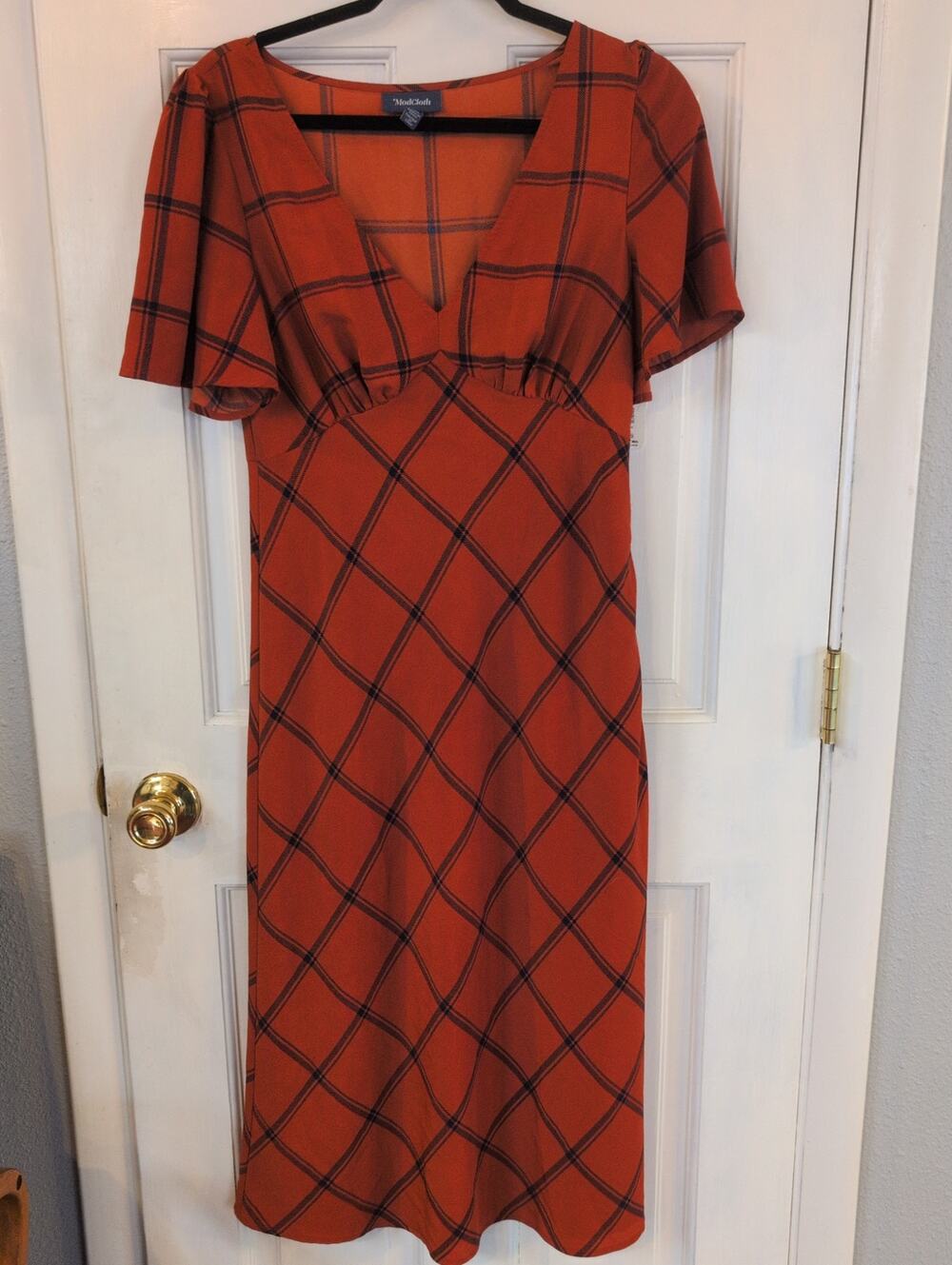 ModCloth Rust Orange Plaid Empire Waist Midi Dress Size Small Fall Cottagecore